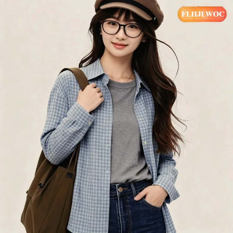 

Новые хлопковые блузки и топы 2026 года в японском стиле: весенне-осенние, в стиле преппи, с длинным рукавом, ретро, винтажные, синие в клетку, кардиганы-рубашки