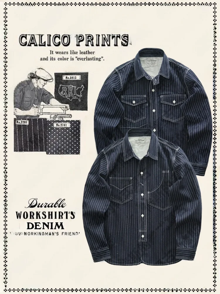 

Рубашка из денима в американском стиле «Ретро-железная дорога» с карманом «Лунный зуб» и декоративной строчкой, из плотного индиго-денима, хлопковая.