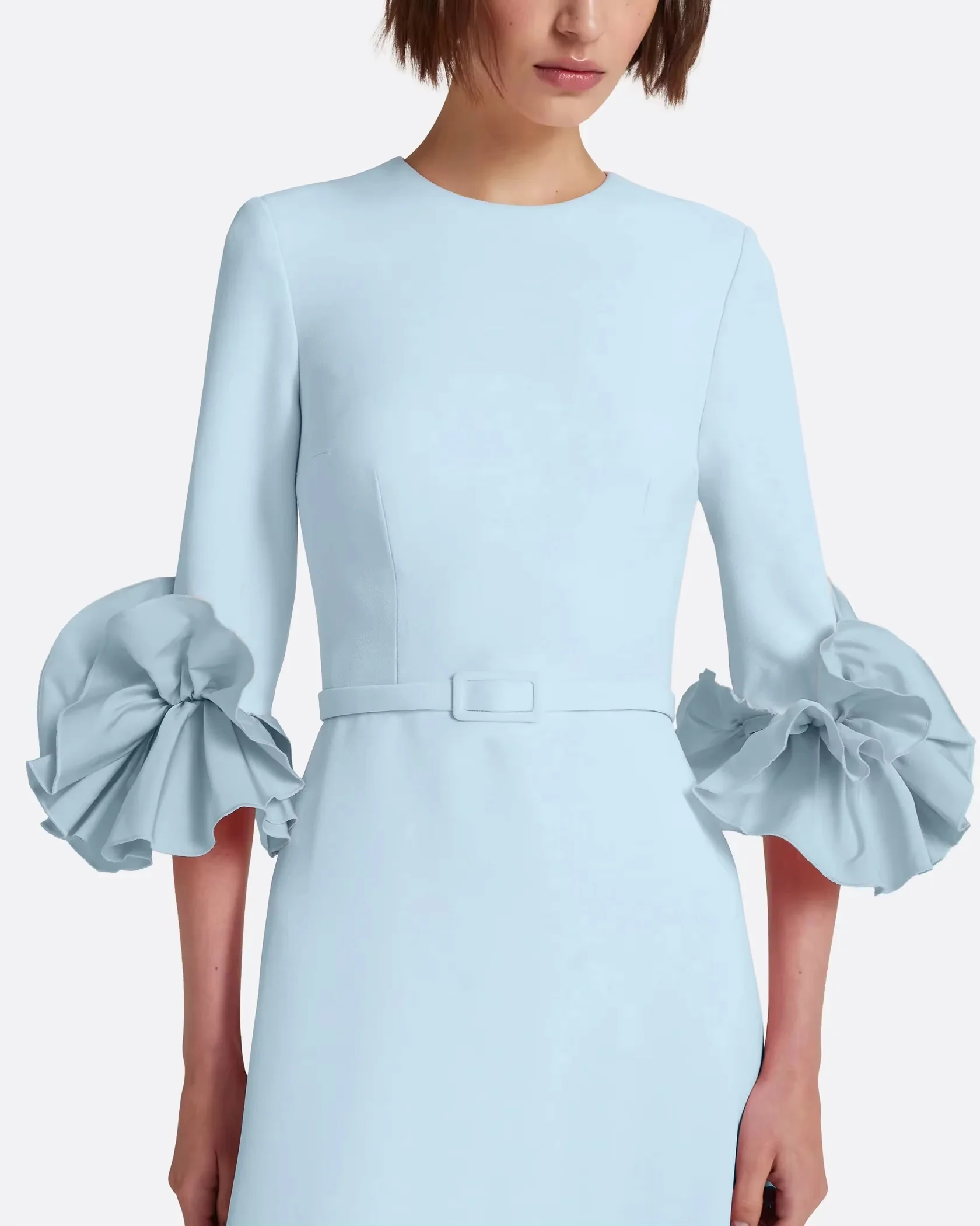 Custom round‑neck maxi gown with bubble three‑quarter sleeves. Simple flowy fabric, modest cut, suitable for Middle East parties