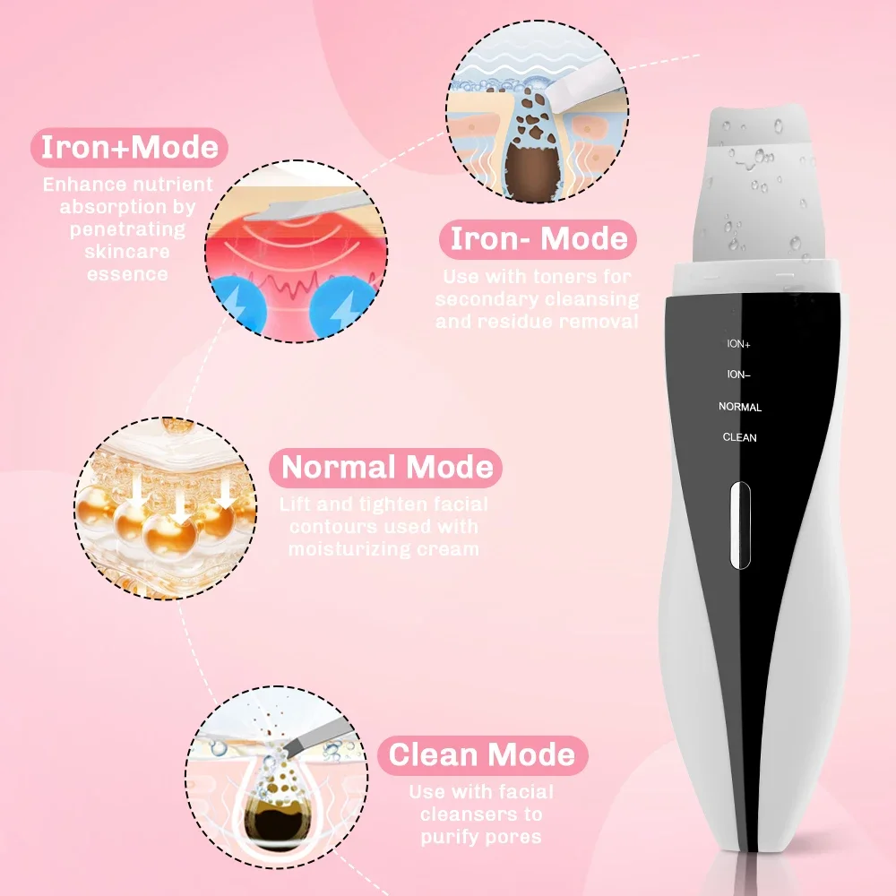 Espátula facial ultrassônica para purificador de pele, 4 modos, esfoliante de pele, raspador e removedor de cravo, limpador de poros, limpeza profunda facial