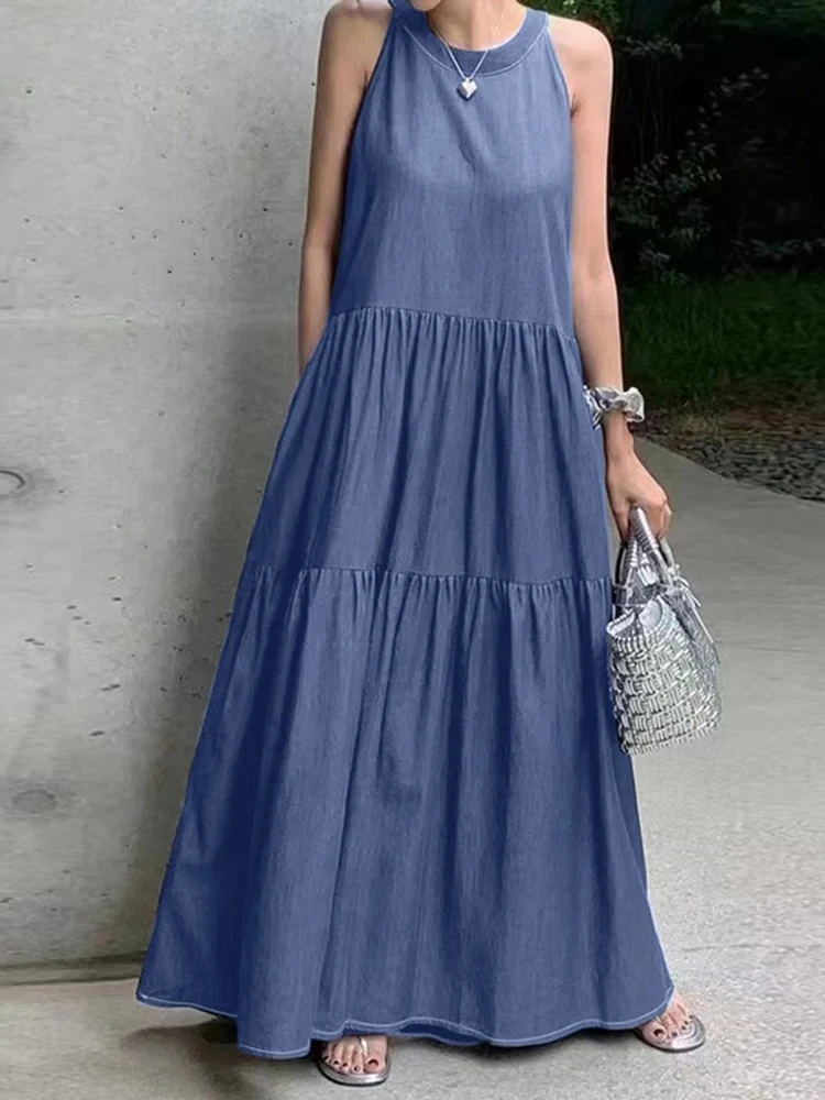 Halter sólido maxi vestidos soltos casuais sem mangas férias feminino em camadas vestido moda falso denim a linha vestidos