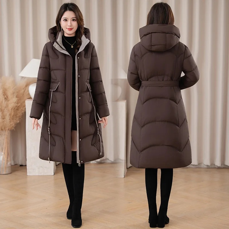 

Женские парки с капюшоном на молнии, толстая повседневная куртка с длинным рукавом, однотонные пальто миди длиной, карманы, элегантная верхняя одежда, теплая осень-зима