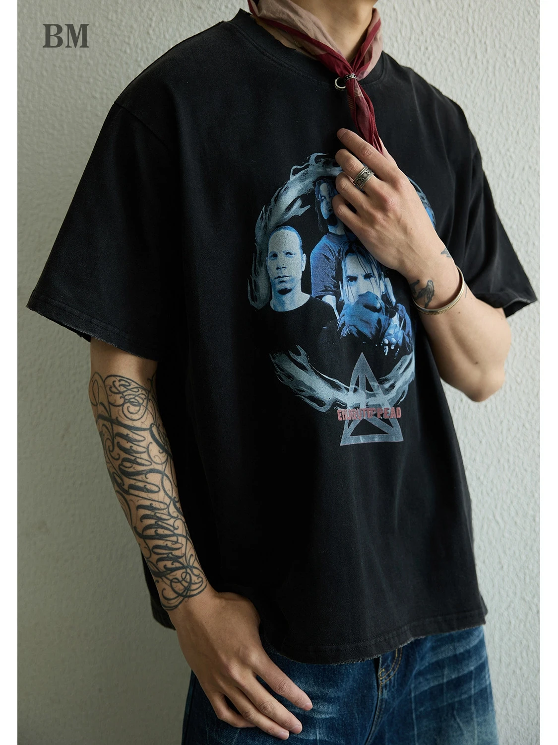 Unisex American Vintage Washed Street Portrait T Shirt Short Sleeve Streetwear Trendy Casual Crew Neck High Quality Cotton Top