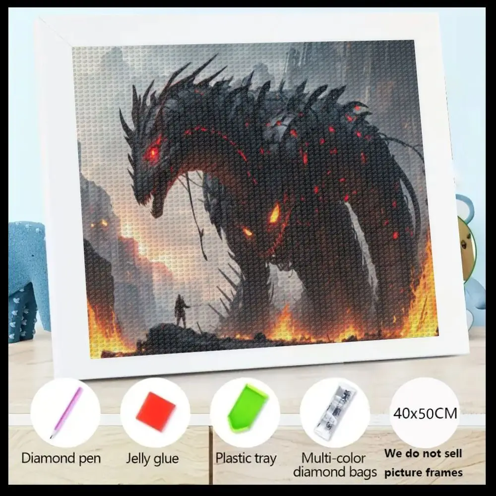 

Набор для алмазной вышивки 5D, 1 шт., Темный огненный дракон со светящимися красными глазами и пламенем/Туманный скалистый пейзаж, Маленькая фигурка человека, 40x5