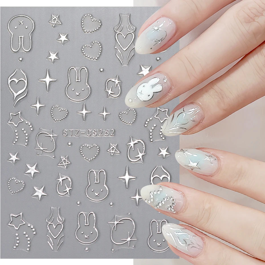 y2k Nails Stickers Metal Silver Rabbit Cute Cartoon Easter Manicure Slider Star Heart 3D Adhesive Decals Nail Decor Accessory