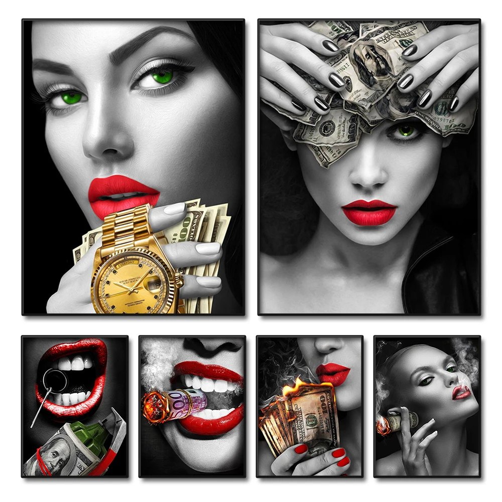 Labios rojos fumar mujer arte de pared impresiones en lienzo reloj dorado dólares ardientes dinero cigarrillo chica rica sala de estar carteles Decoración