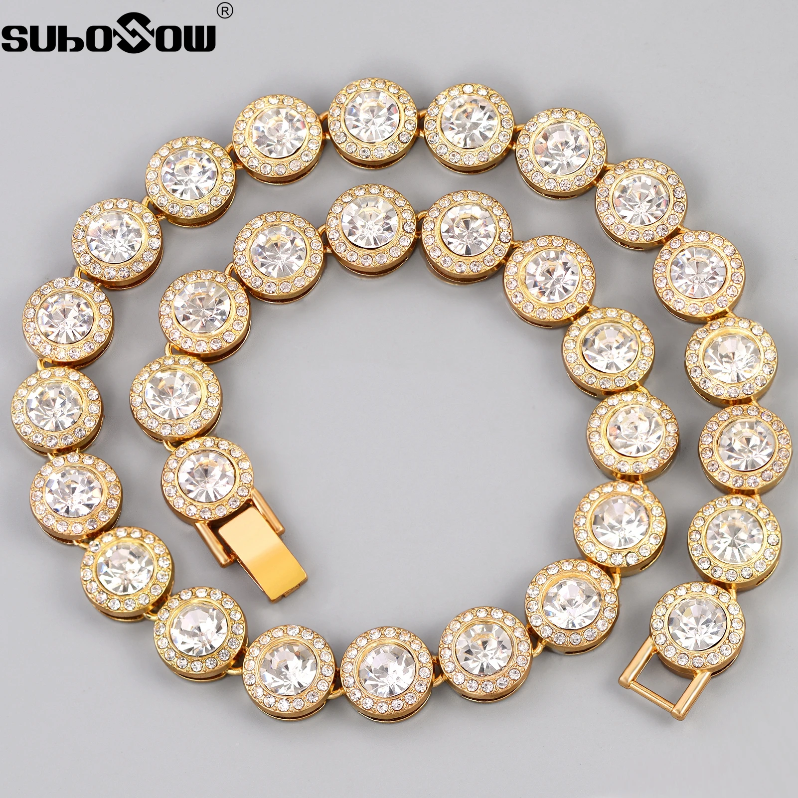 Women Men Luxury Shine Round Cuban Necklace Bling Gold Silver color full Rhinestones Paved Tennis Chain Necklace Hip Hop Jewelry