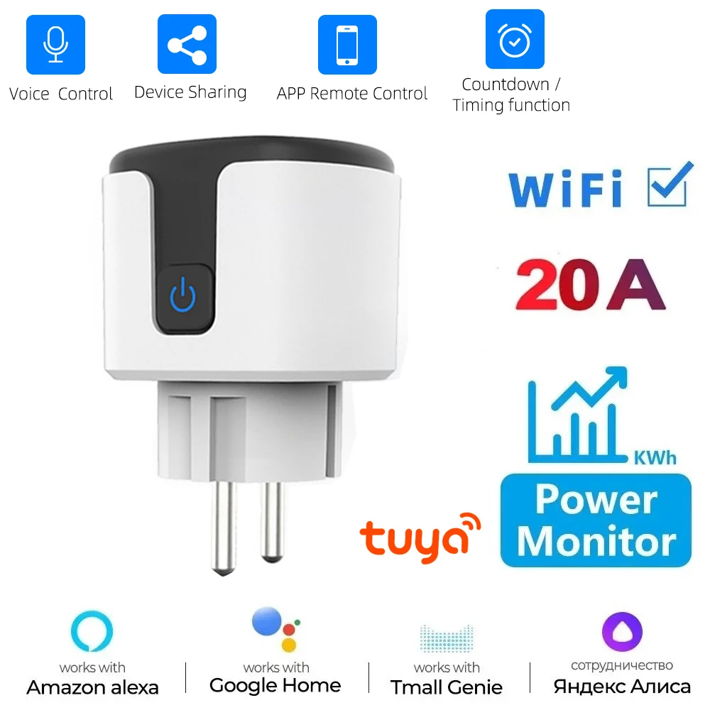 

Wi-Fi EU Smart Socket Plug 20A Адаптер розетки приложения Tuya с монитором мощности Беспроводное приложение дистанционного управления для Google Home Alexa