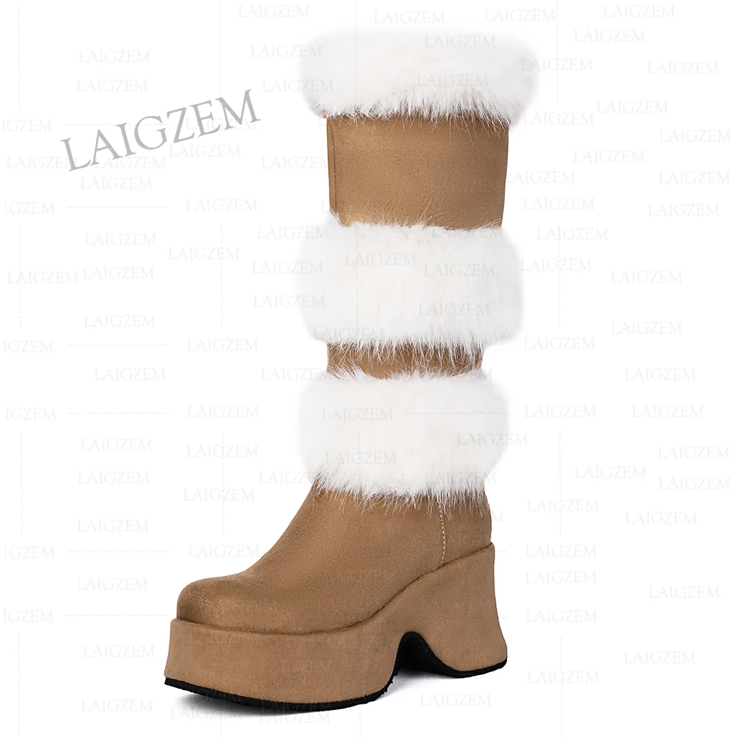 ZHIMA Sweet Women Calf/Knee High Boots Platform Fluffy 7.6CM Thick High Heels Boots Elegant Shoes Woman Plus Size 34 37 41 43