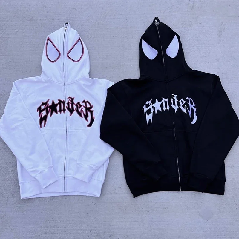Y2k Spider Hoodies Women Men Hip Hop Zip Up Long Sleeve Jacket Graphic Punk Coats Harajuku Casual Loose Hooded Shirt Sweatshirt