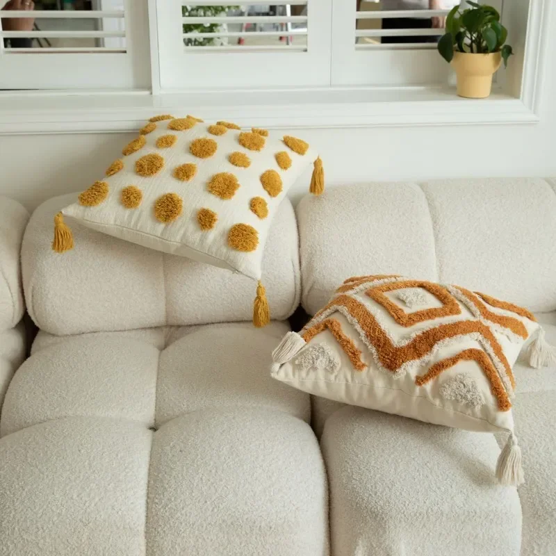 Moroccan Decorative Throw Pillow Cover Yellow White Tufted Pillowcase Nordic Cotton Weave Cushion Cover for Couch Bed No Insert