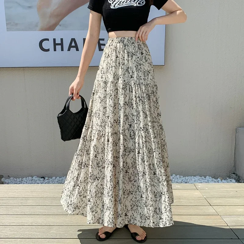 

90cm Chiffon Floral Print Maxi Skirt Women 2024 Summer Casual Holiday Fashion Folds A Line High Waist Long Skirt Female Z478