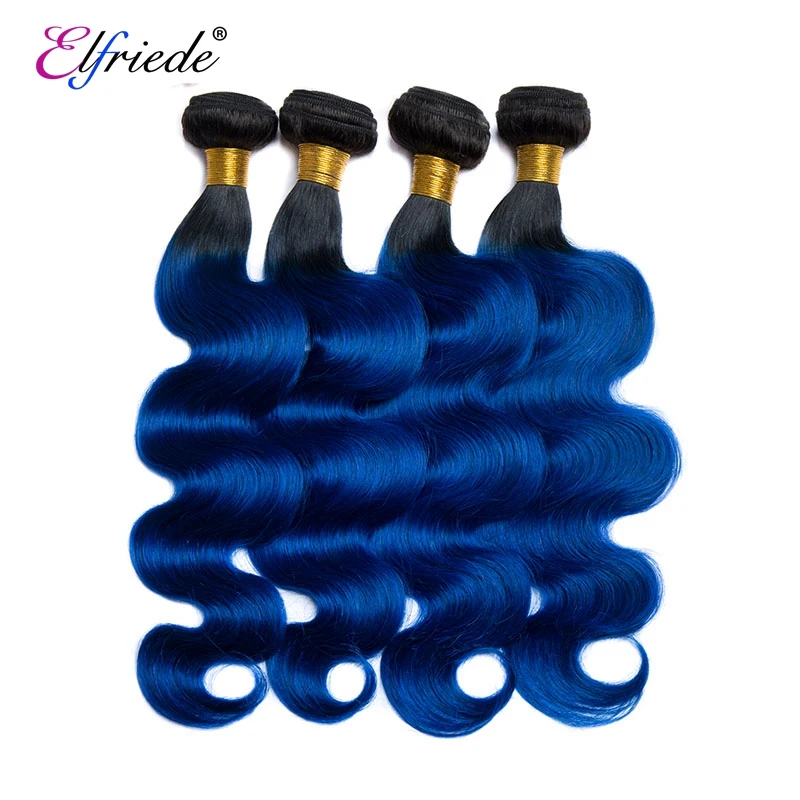 Elfriede #T1B/Blue Body Wave Precolored Hair Bundles with Closure Human Hair Wefts 3 Bundles with Transparent Lace Closure 4x4