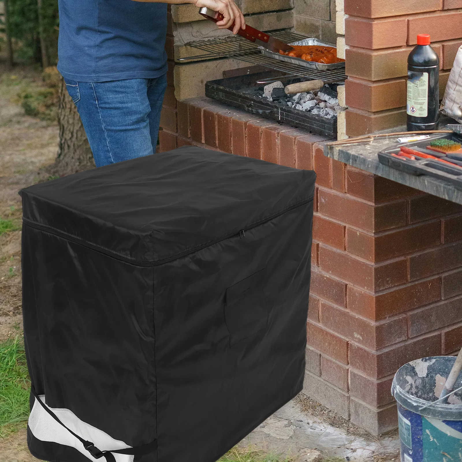 

Heavy Duty Waterproof Upright Freezer Cover Oxford Cloth Dual Side Zippers Front Storage Pocket Cooling Vent Mesh Adjustable