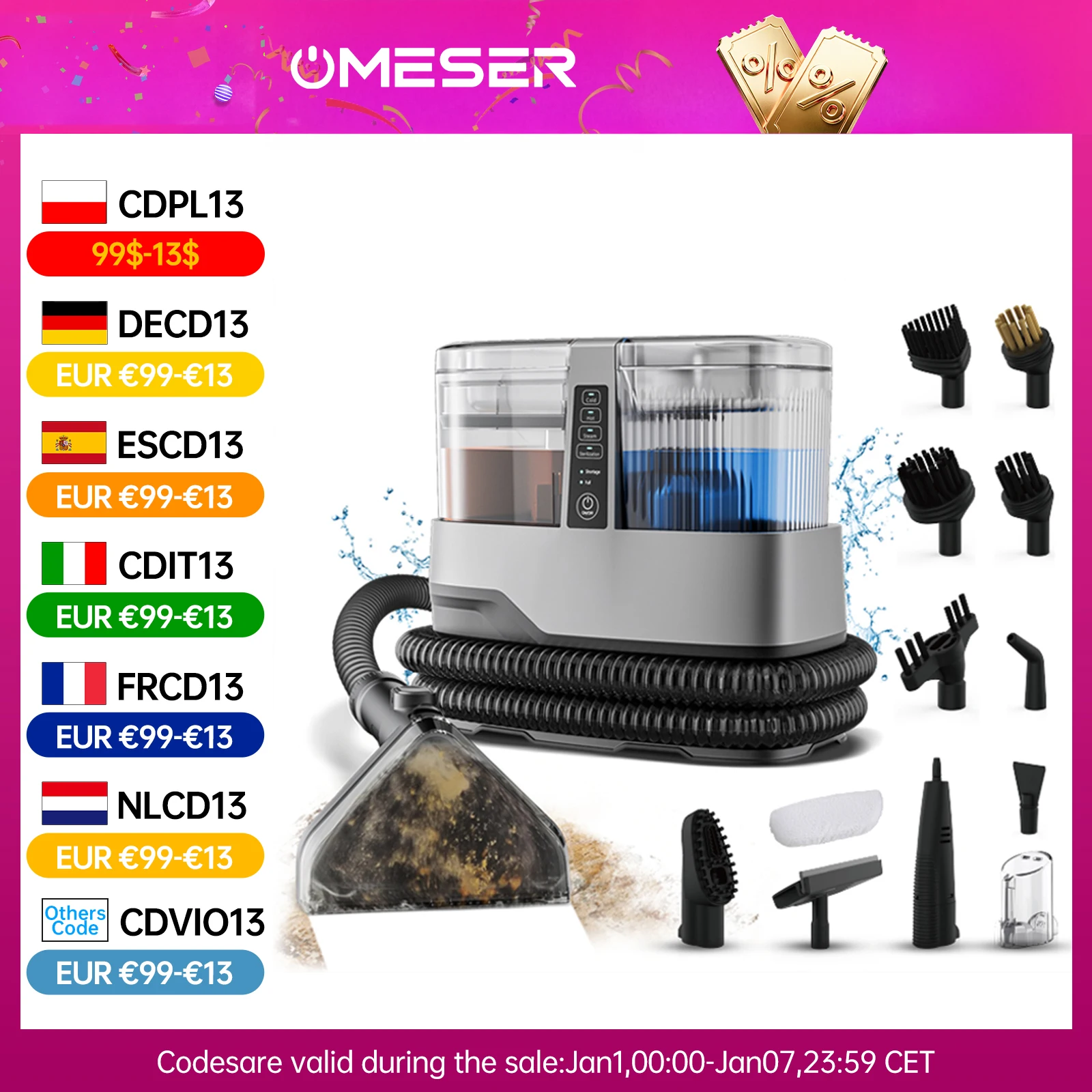 OMESER 1800W 17KPa Machine de nettoyage de tapis à vapeur 13 en 1 produit de nettoyage sec et humide Portable polyvalent pour rembourrage de siège de voiture