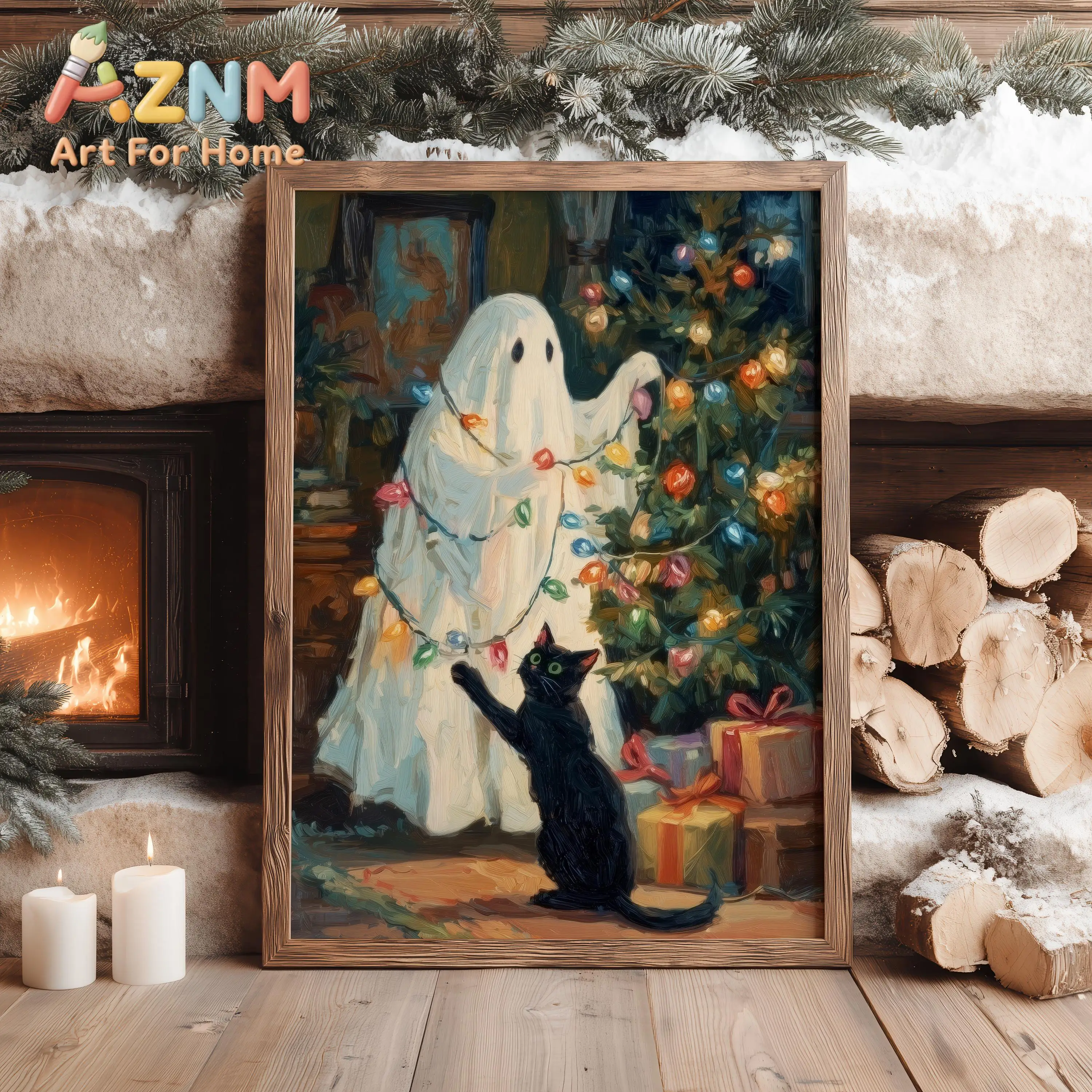 Funny Ghost and Black Cat Decorating Christmas Tree Canvas Poster - Vintage Gothic Christmas Canvas Print for Living Room Decor