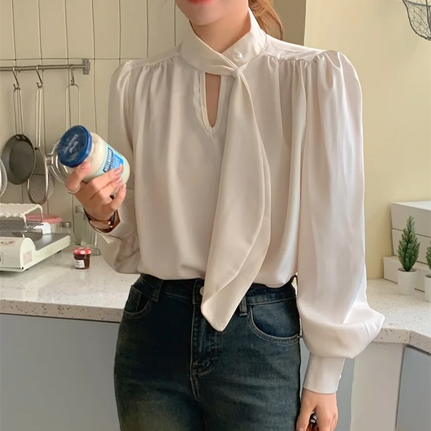 

Chic Vintage Spring Pearl Button Loose Overhead Bubble Sleeve Shirt Women's Top Bamboo Charcoal Fiber Korean Style Long Sleeve
