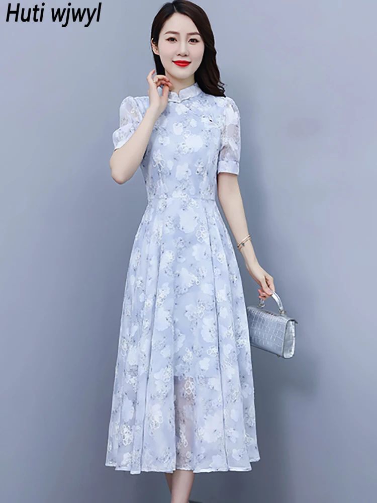 Cheongsam-Vestido largo de gasa con estampado Floral para mujer, traje ajustado de lujo, elegante, Midi, para fiesta de graduación y noche, color azul, 2024