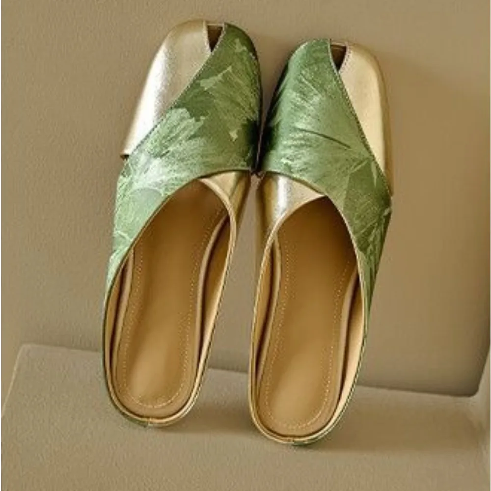 Baotou Slippers for Women's Summer Soft Leather Chinese Style Printed Color Blocked Square Toe Hollow Flat Bottom Lazy Slippers
