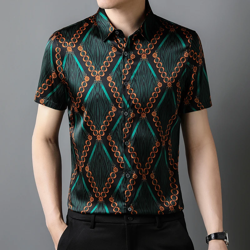 High Quality 100% Real Natural Silk Luxury Printed Mens Shirts Regular Fit Royal Husband Dress Social Club Blouse Large Size Top