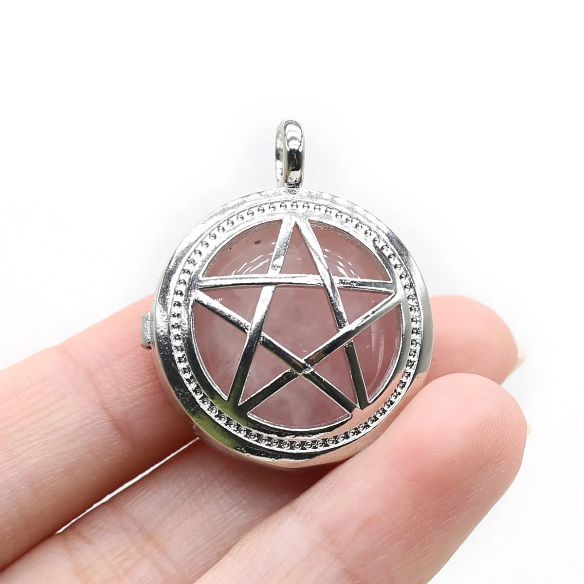 1pc Natural Stone Pendant Round Metal Openwork Pentagram with Crystal Inside Charms for Jewelry Making DIY Necklace Accessories