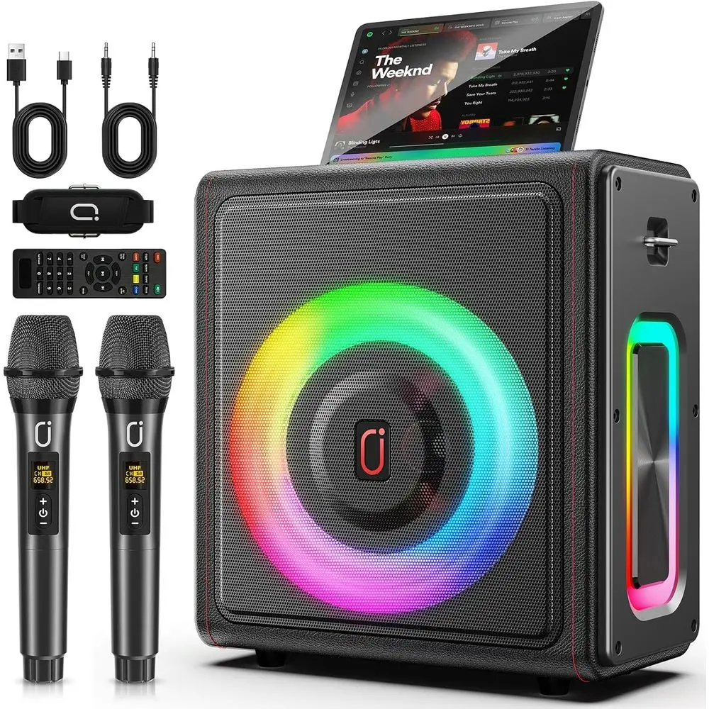 

Karaoke hine, Portable Bluetooth 5.3 Speaker with 2 WirelMicropes or Adults, PA System with Pitch Correction & Echo Adjusent, Su