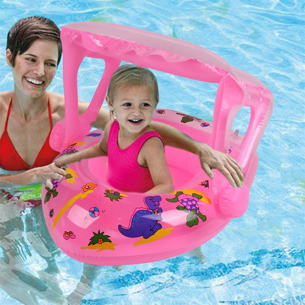 Inflatable Pool Float with Canopy Pink Swimming Ring with Seat Summer Water Toy for Toddler