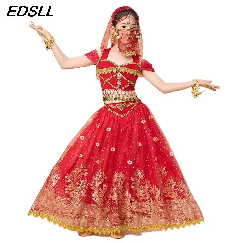 Kid Girl Halloween Fancy Outfit Arabian Princess Costumes Indian Dance Embroider Clothing Girl Belly Dance Performance Outfit