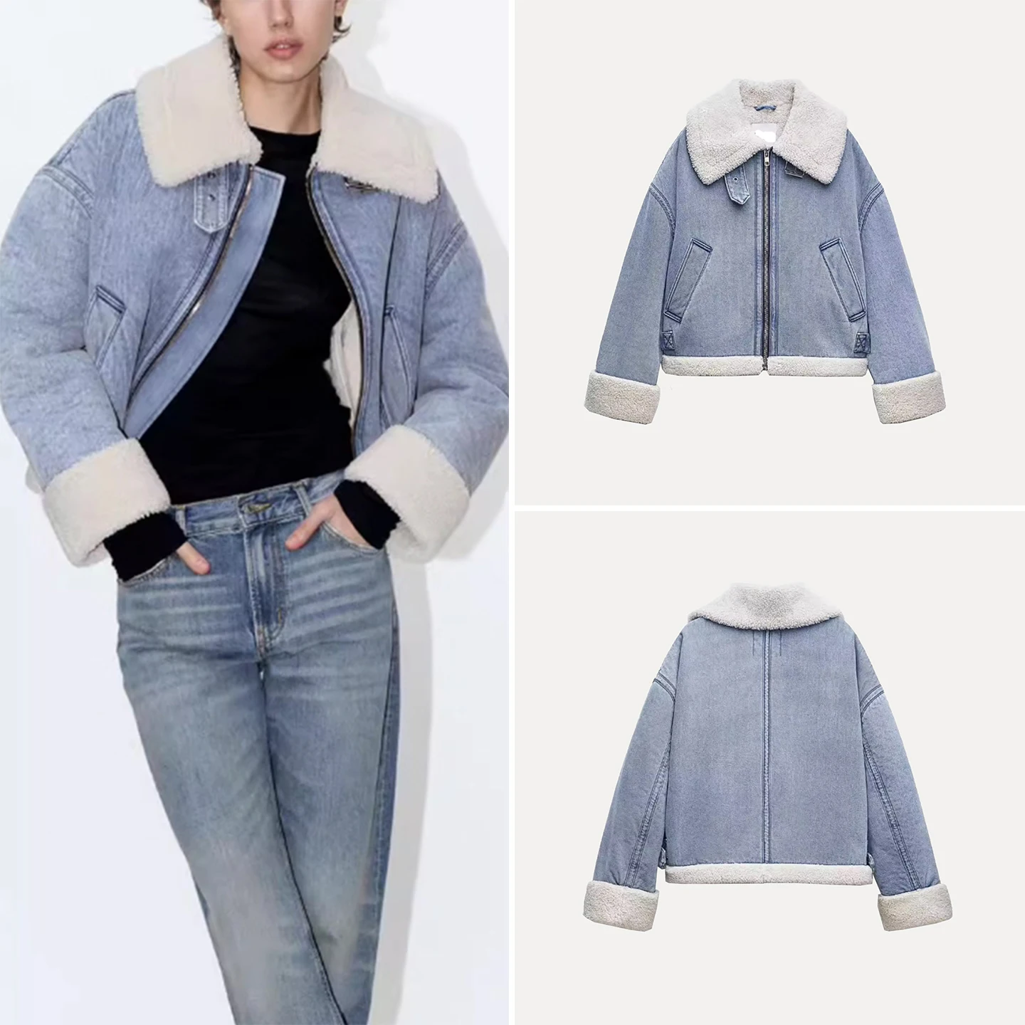 Z femmes Faion Waed Vintage Fce Denim Jaet 2025 nouveau Sle trajet Tube droit longue Sve fermeture éclair couleur Pure