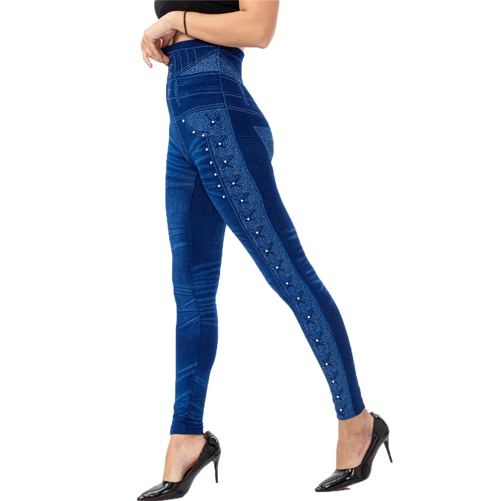 Novo falso denim legging mulheres venda quente de cintura alta cravejado contas imitação jean leggings elástico fino recortado legging calças