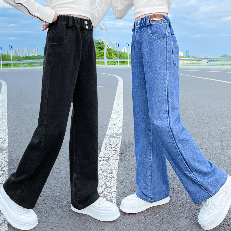 Jeans For Girl Spring High Quality Ripped Wide Leg Pants Teenage Kids Children\'s Loose Denim Pants Casual Style Trousers Clothes