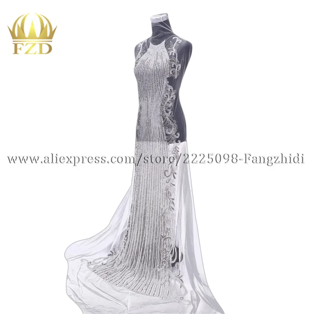 FZD 1 Set Sew on  Large Elegant Crystal Evening Dress Long Patches  for Clothing Wedding Evening night Dress Material DRA-313