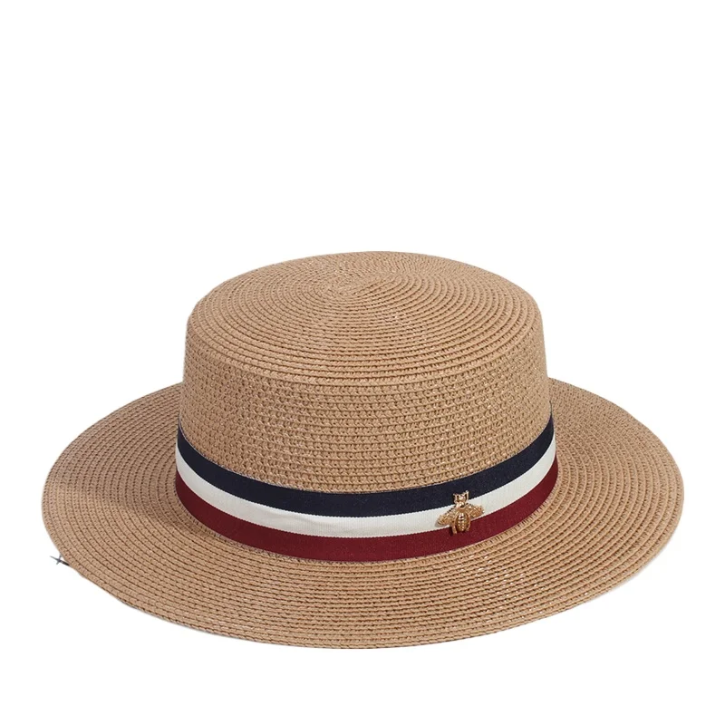 Sun Hats for Women French Flat Brimmed Straw Hat Women's British Flat Top Leisure Vacation Panama Beach Cap Chapeu Feminino