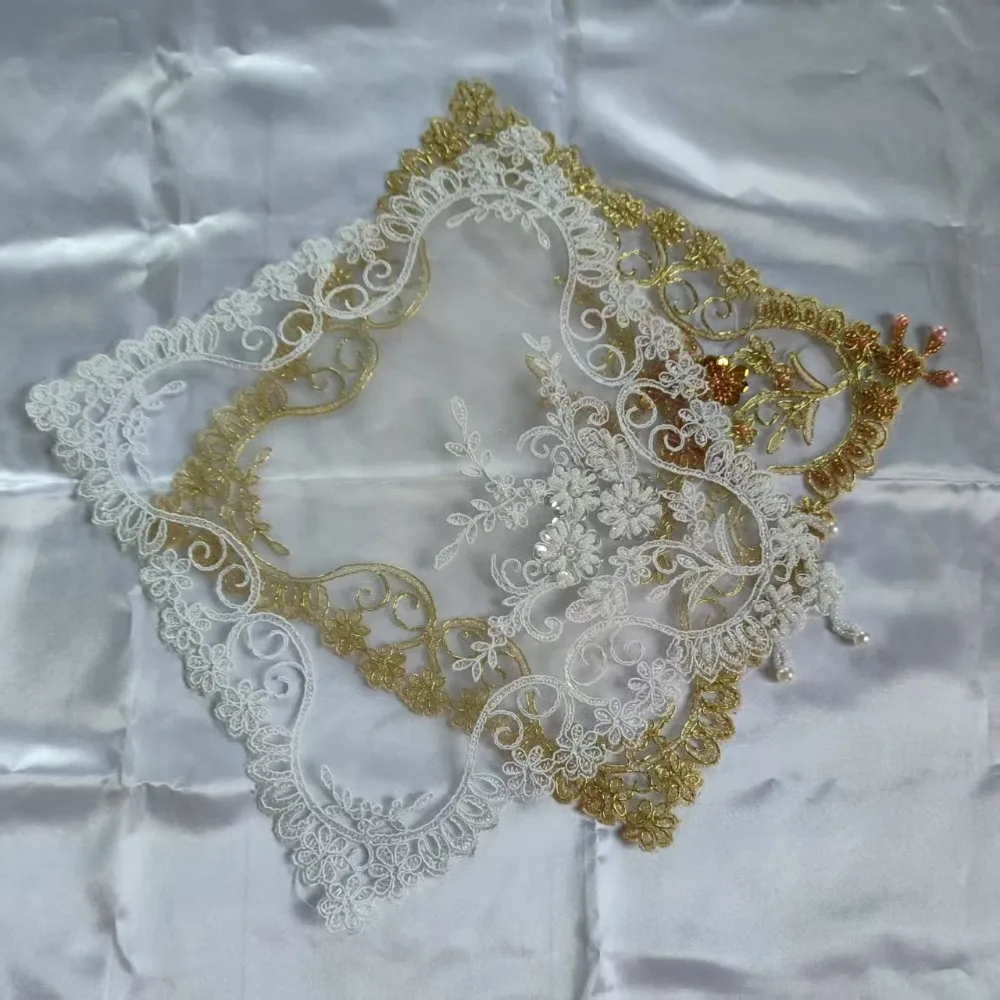 White Embroidery Beaded Lace Square Doily Sheer Mesh Table Mat Wedding Home Table Decor