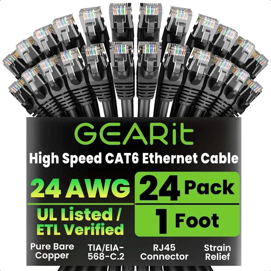 GEARit Cat 6 كابل إيثرنت حزمة 24 حزمة 1 قدم Cat6 إيثرنت التصحيح كابلات RJ45 شبكة التصحيح كابل 10 جيجابت في الثانية Snagl مطلية بالذهب Conne #1