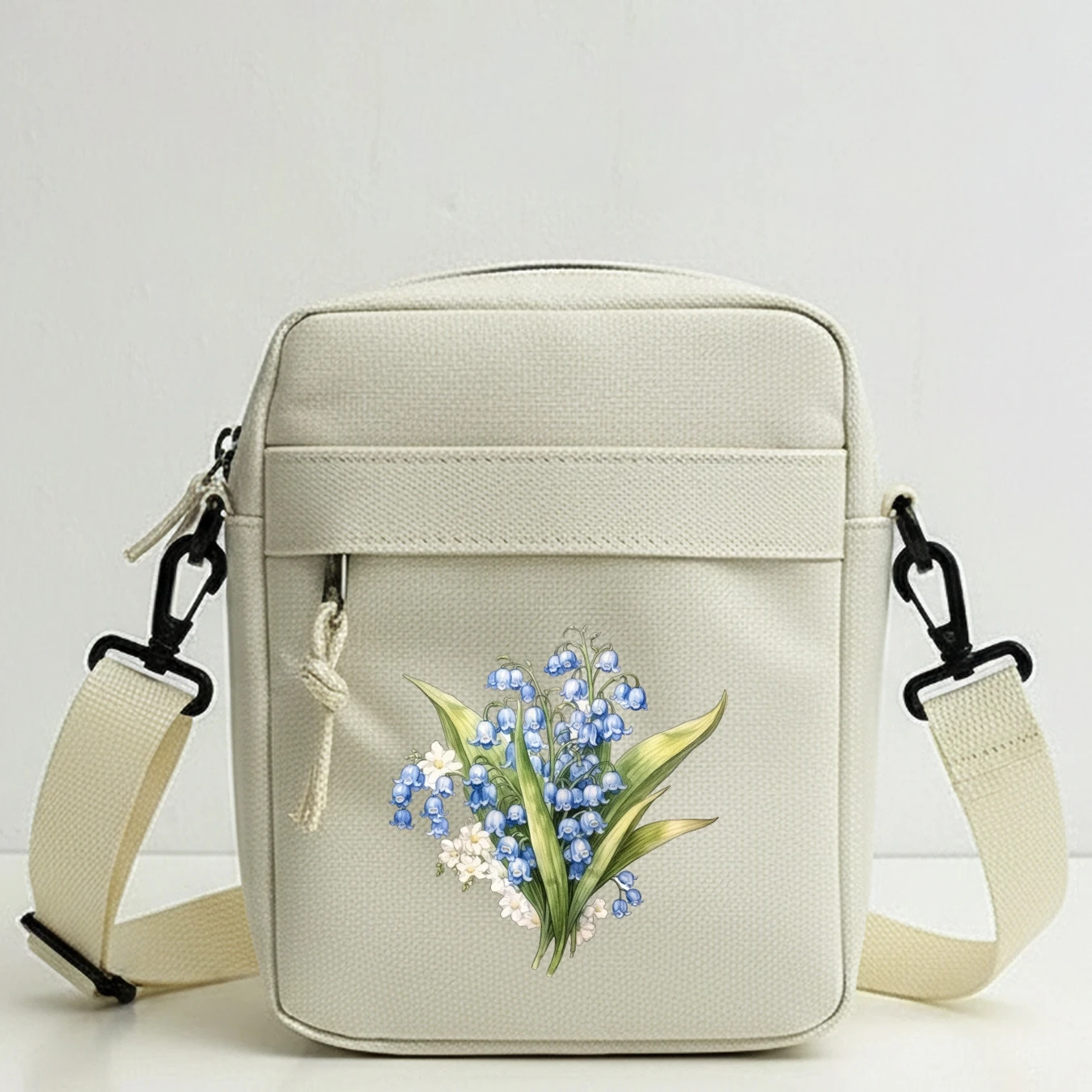 Watercolor Lily of The Valley Tote Bag with Removable Strap, Zipper Closure, Floral Shoulder Bag for Travel, School, Daily,