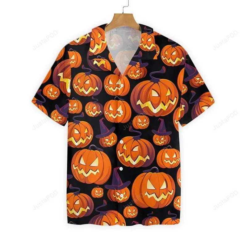 

Fashion Men's Halloween Shirt Pumpkin Head Printed Shirts Cuban Collar Holiday Party Shirt Men's Casual Street Short Sleeved top