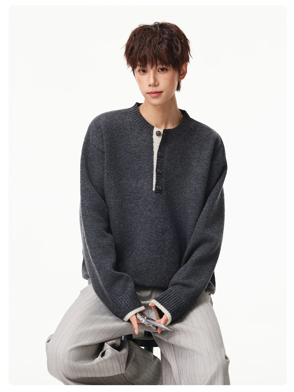 Men's Round-Neck Sweater Button-Up Soft Skin-Friendly Solid Casual Retro Loose-Fit Color-Blocked Pullover Knit Sweater
