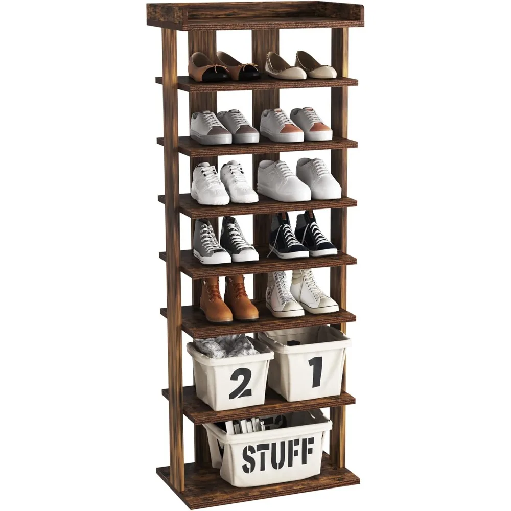 

7-Tier Wood Shoe Rack, Double Rows 7-Tier Shelf, Storage Stand, Entryway Tower, Vertical Organizer Perfect