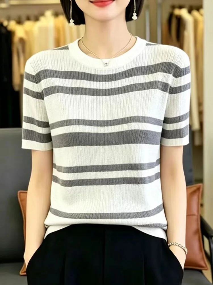 

Slimming Stripe Knitted Short Sleeve Ice Silk T-Shirt Women's round Neck Versatile Summer Thin Soft Style Loose Fit Top