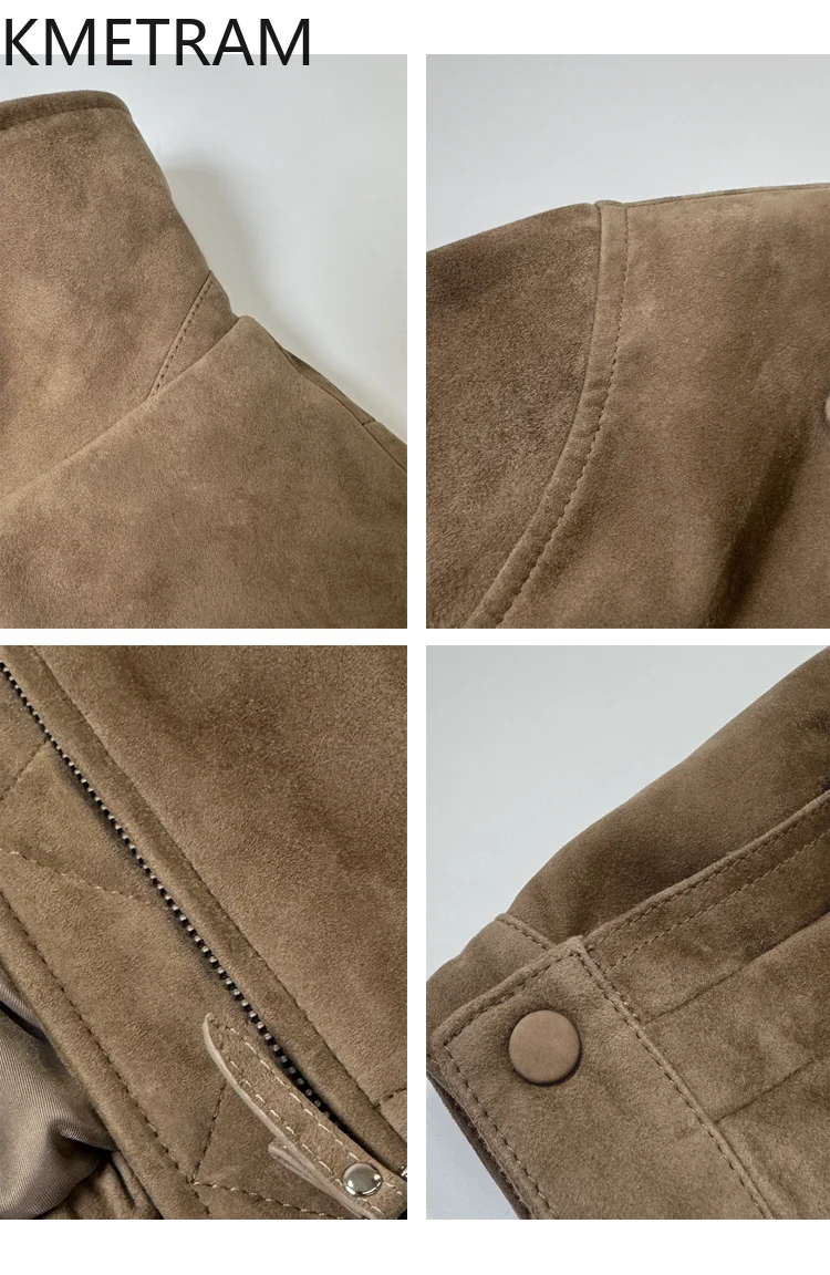 Kurtka damska KMETRAM z naturalnej skóry owczej zamszowej z poduszkami na ramiona, retro, skóra naturalna, odzież, krótki płaszczyk skórzany na jesień 2025, kurtka skórzana