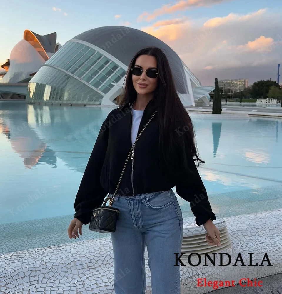 

KONDALA-Женская короткая куртка High Street, черная куртка на молнии с лацканами, новинка 2024, весенне-осенняя модная повседневная куртка для отдыха и отдыха