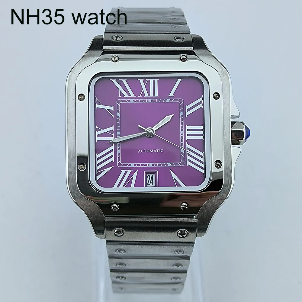 NH35 Watch custom Square Dial Purple Roma Dial Watch Case Folding Buckle Square Case fit NH35 NH36 movement Watch accessories