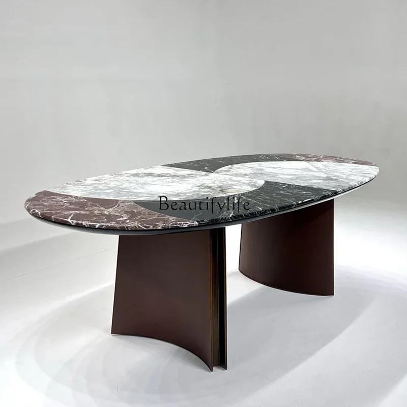 

02Luxury stone dining table dining chair natural marble oval dining table high-end customization