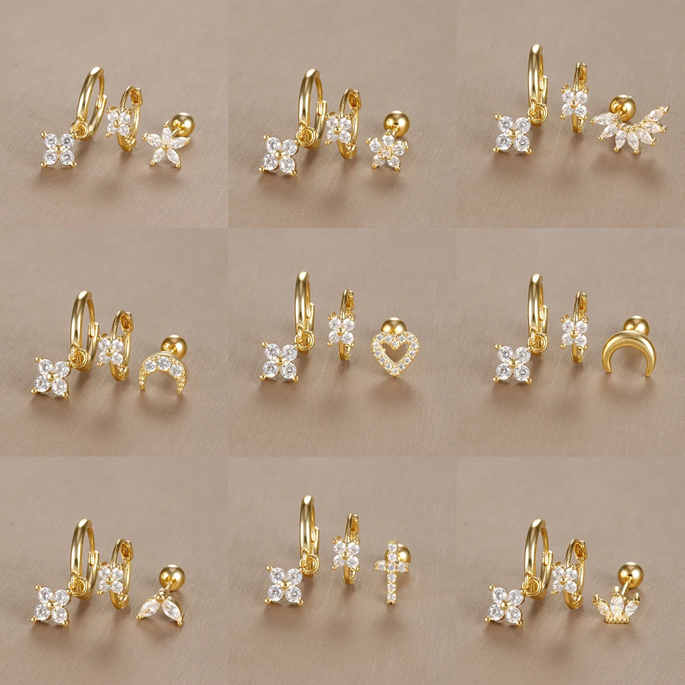 3PCS Vintage Design Four Flower Zircon Hoop Earrings Set for Women Tiny Stainless Steel Cartilage Piercing Earring Jewelry Gift