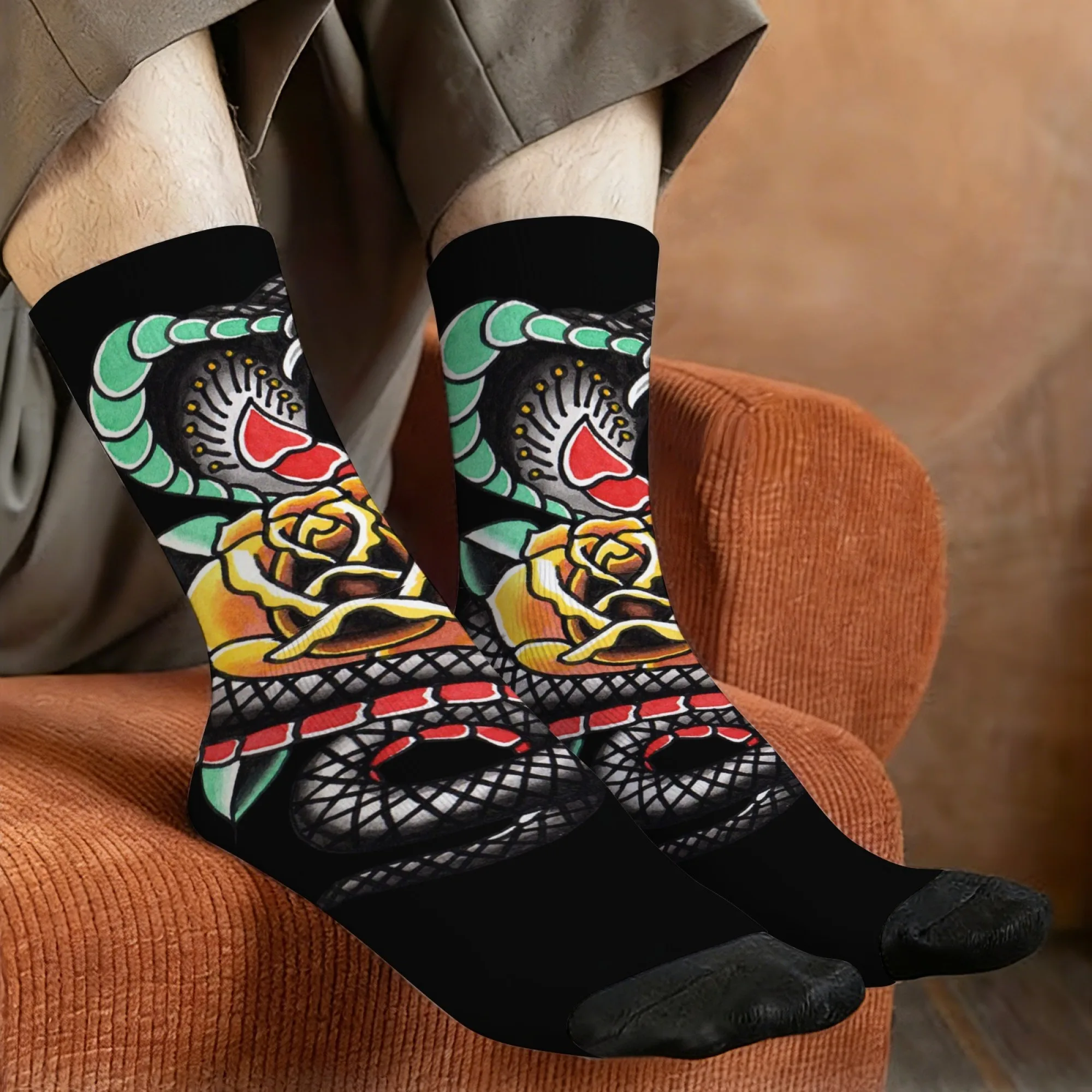 Punk Gothic Motorcycle Snake Rose Print Men's Mid-Calf Socks Street Retro Cool Rebellious Style Comfortable Soft Non-Slip Socks