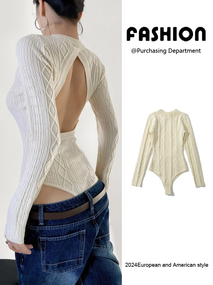 

Осенний женский сексуальный облегающий вязаный комбинезон с длинным рукавом, завышенной талией и цветочным узором, коллекция 2024