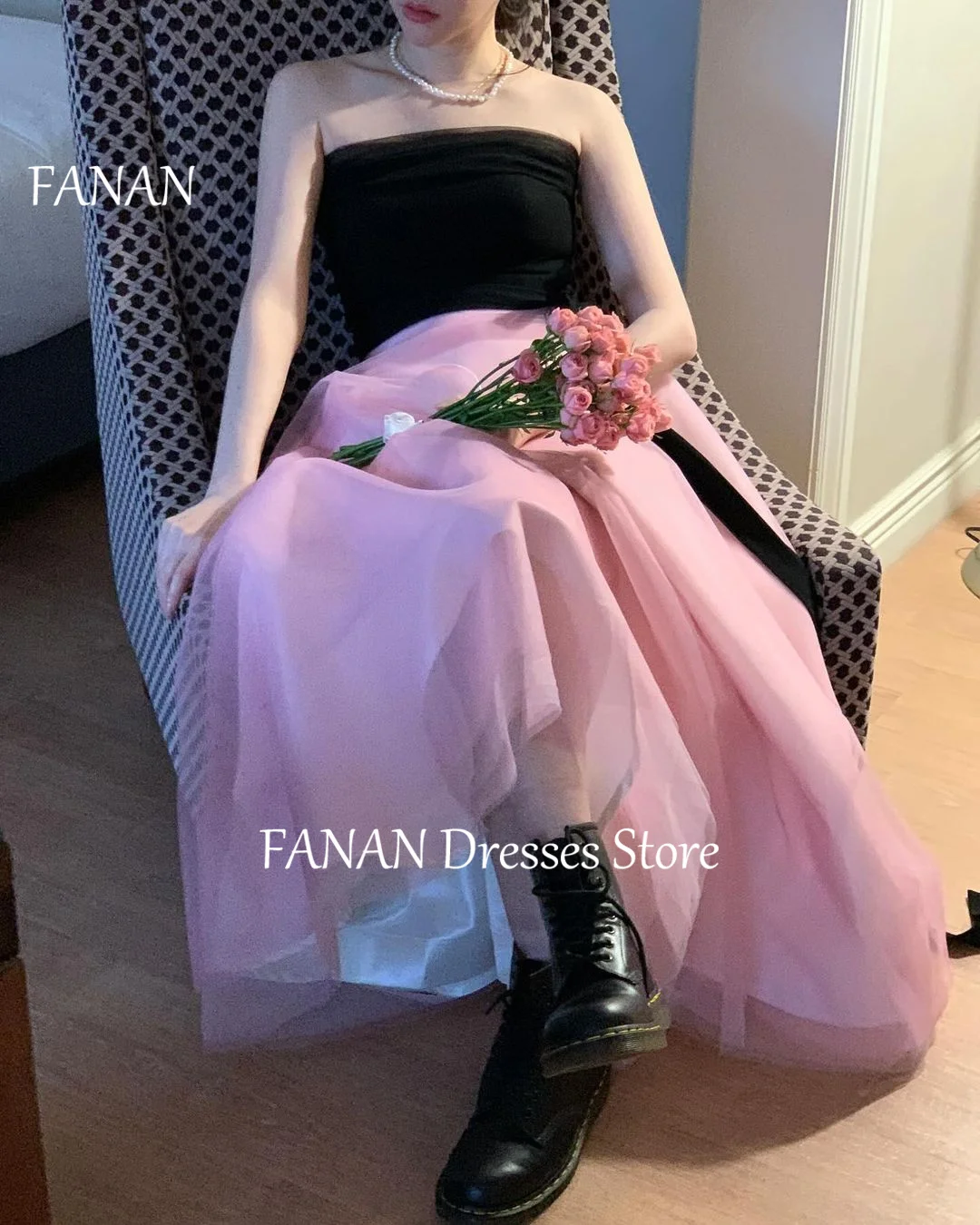 FANAN Strapless Organza Fashion Vintage Evening Party Dresses Contrast Color Korea Customize Women Formal Gowns Event Prom Gowns