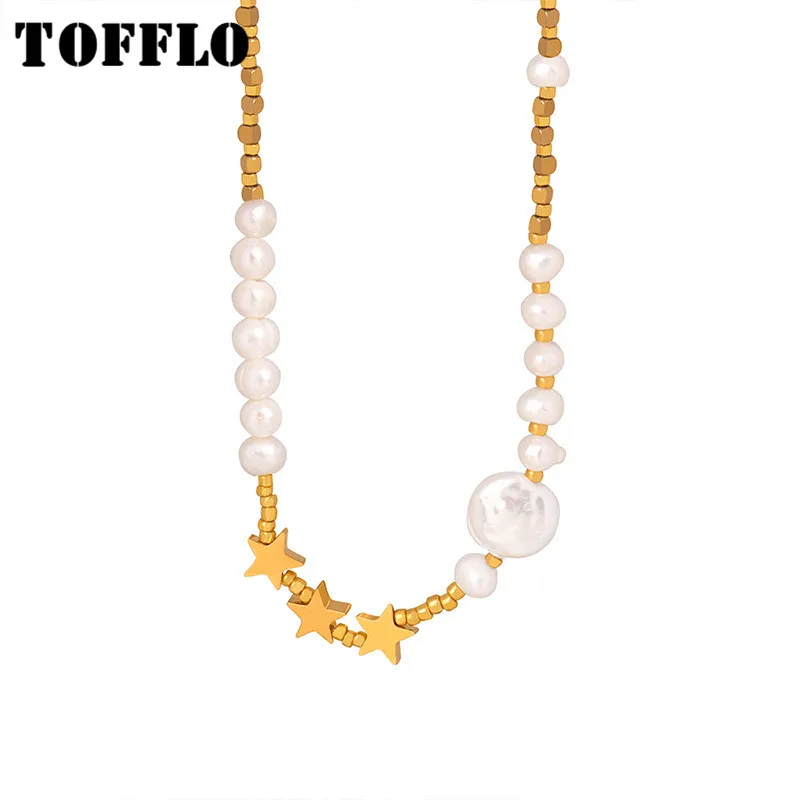 

TOFFLO Stainless Steel Jewelry Elegant Pearl Pentagram Pendant Necklace Temperament Collar Neck Chain Girl BSP1490