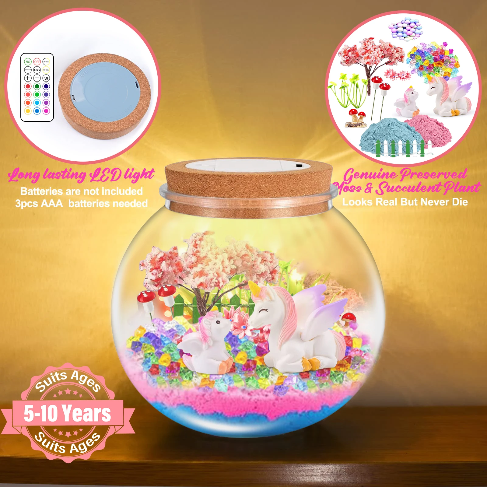 Juguetes de unicornio para niños, Kit de terrario con luz LED nocturna, lámpara de dormir artística DIY remota para niños, luz de neón, regalos de cumpleaños